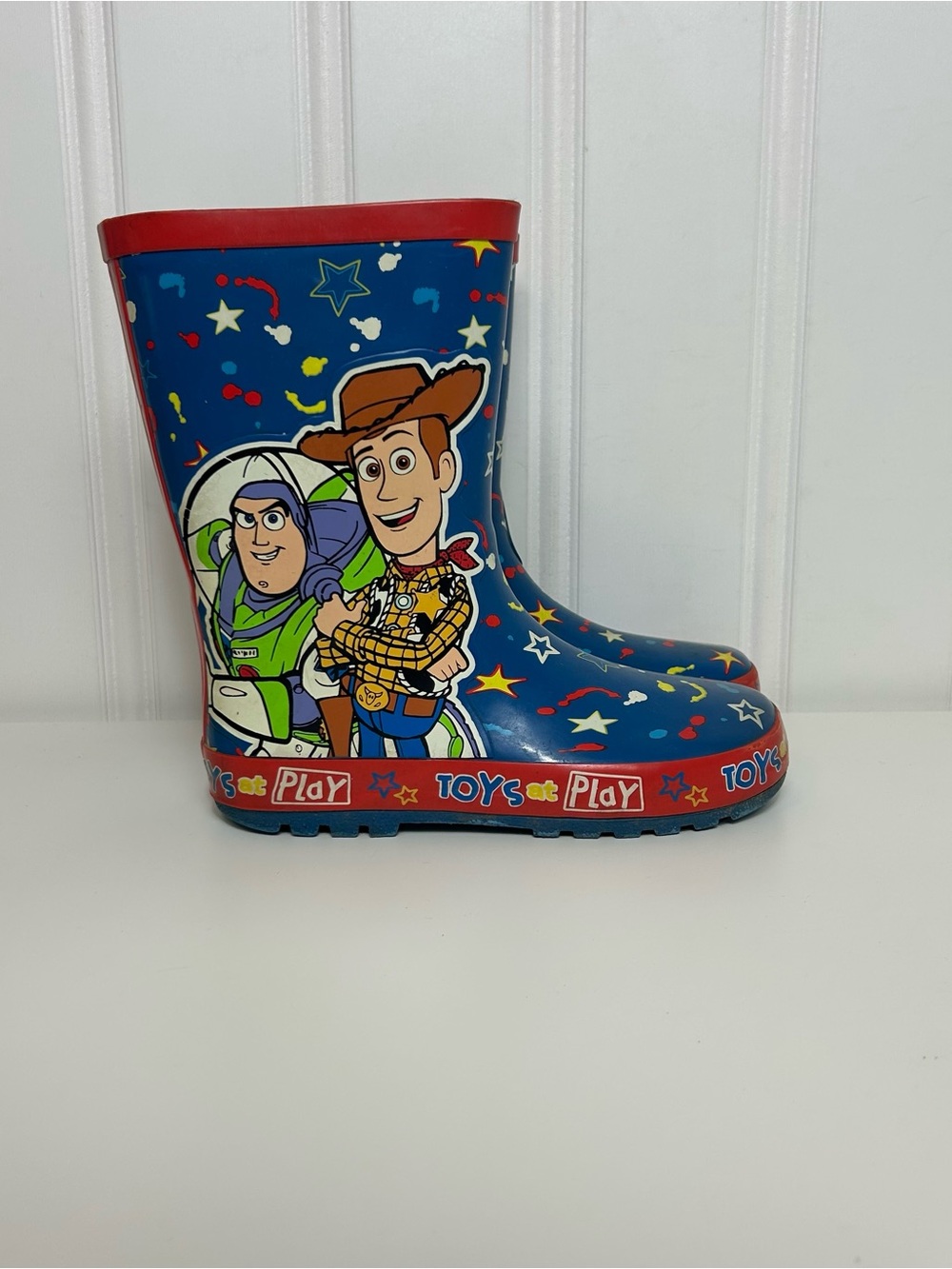 Disney Toy Story Woody & Buzz rubber rain boots blue red trim stars kids 13